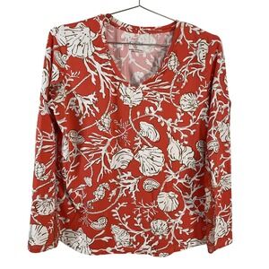 Icikuls Shirt‎ Womens Large Red Seashell Coral V Neck Long Sleeve Mesh Print